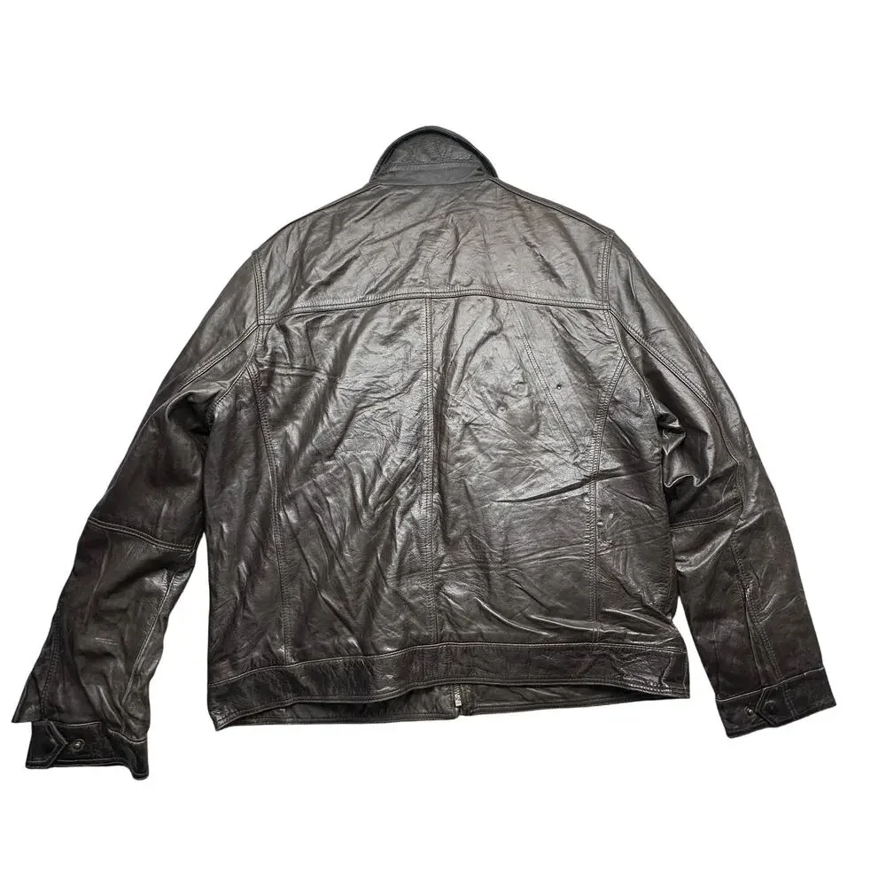 Tommy Hilfiger Genuine Leather Bomber Jacket Mens XL Flannel Plaid Lined Brown